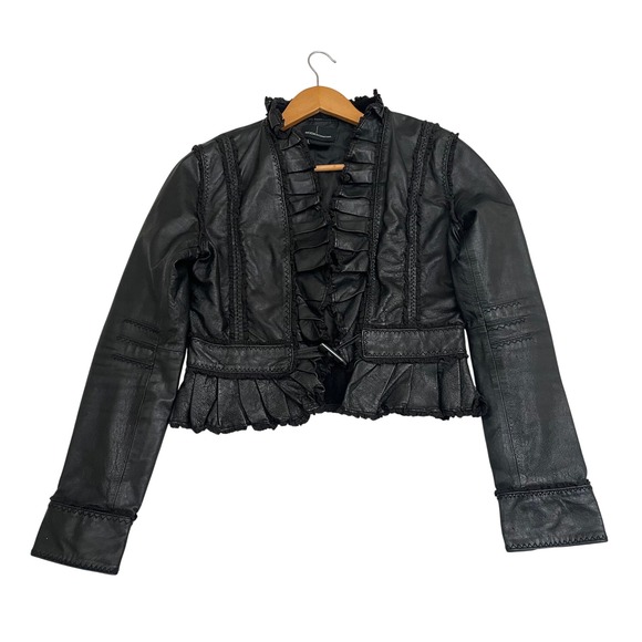 Moda International Jackets & Blazers - Moda International Leather Jacket Womens Medium Black Ruffle Peplum Cropped